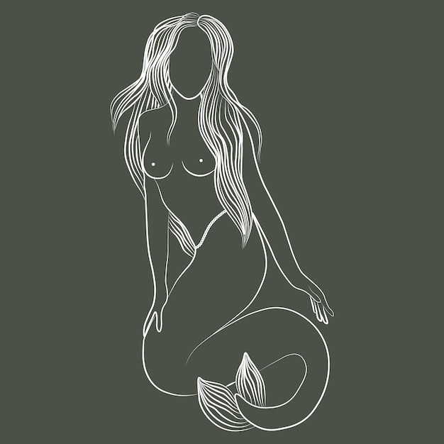 Line art beautiful nude mermaid girl with long hair White outline on a dark background