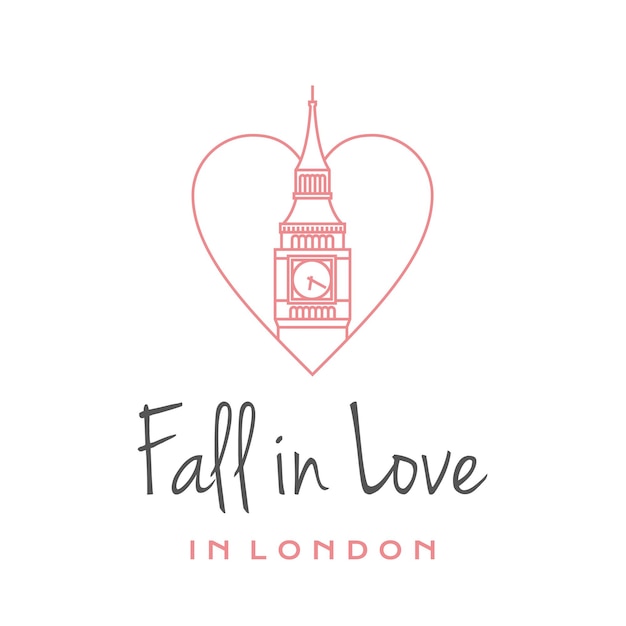 Line art big ben with love logo design vector template