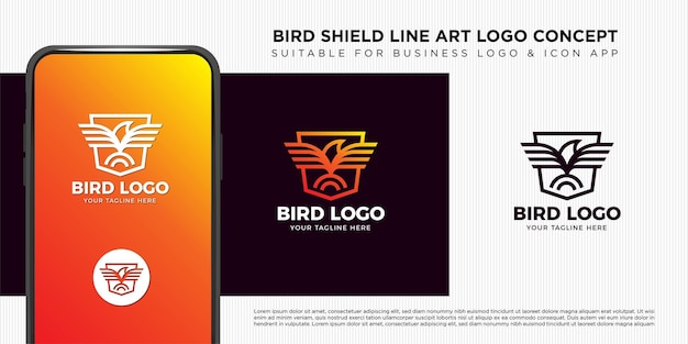 Line art bird shield logo for icon app and business logo