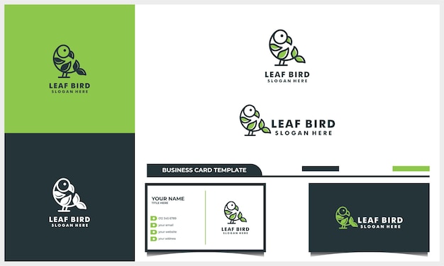 自然の葉のロゴデザインコンセプトと名刺テンプレートとラインアート鳥
