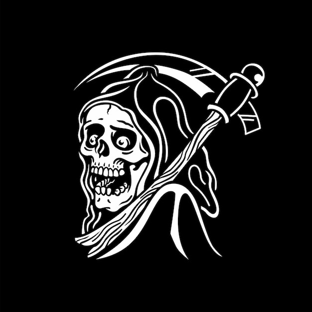 Vector line art black white skull reaper illustration