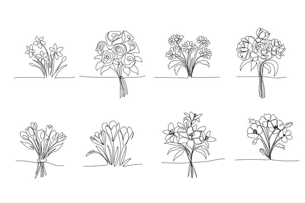 line art bouquet of flowers single line drawing black line tulips daffodils roses Spring flowers