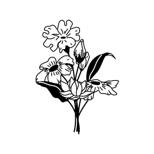 Line art of bouquets trendy botanical elements wild flowers and leaves