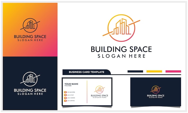 Line art building architecture with space planet logo design concept and business card template