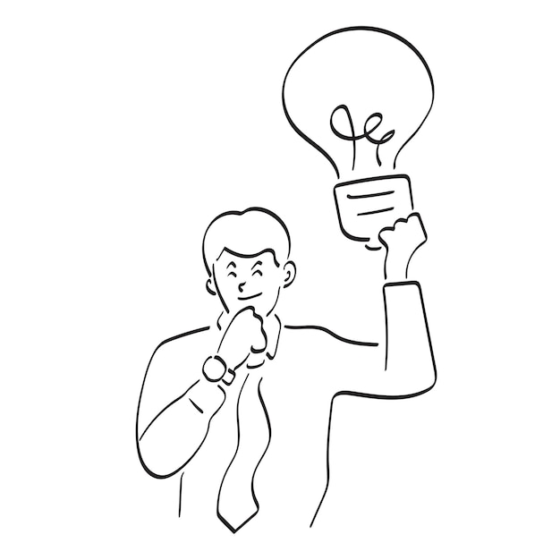 Line art businessman holding light bulb illustration vector hand drawn isolated on white background