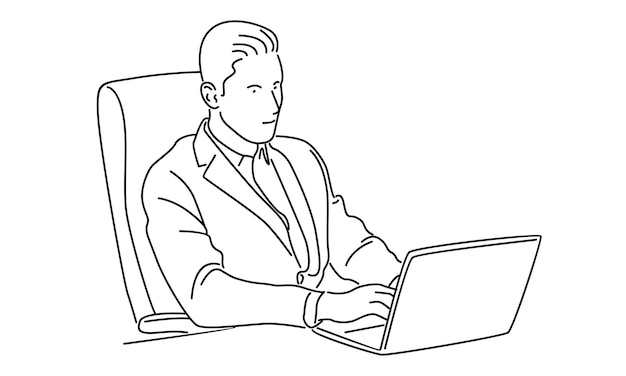 line art of busniessman with laptop computer