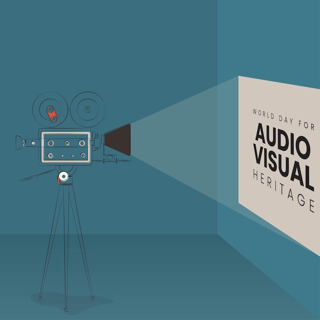 Line art of camera in vintage design with projecting text of world day for audio visual heritage