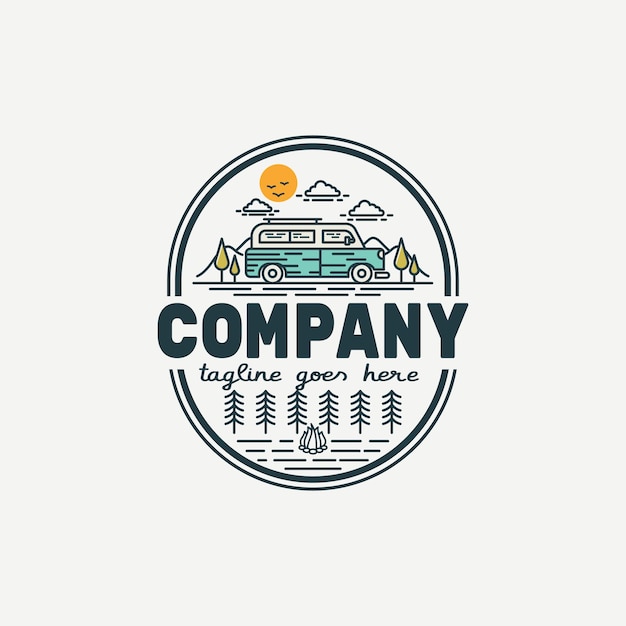 Line art camper van logo design illustrazione per la compagnia di viaggi