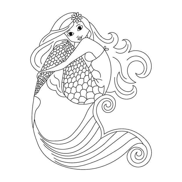 Vector line art, cartoon magic mermaid, sketch for children's coloring book. illustration, vector