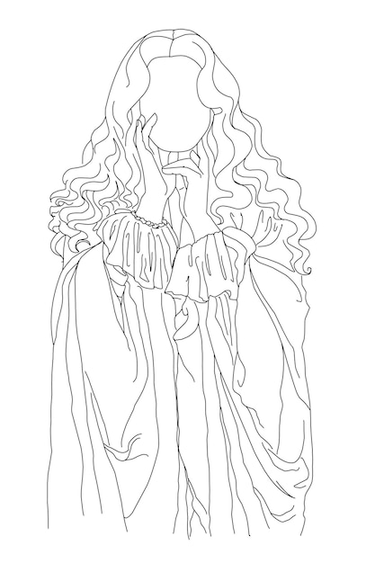 line art cartoon sketch young woman white dress long black hair ghost