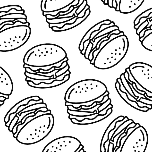 Vettore line art cheese burger seamless pattern