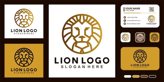 Line art circle lion logo design concept and business card template