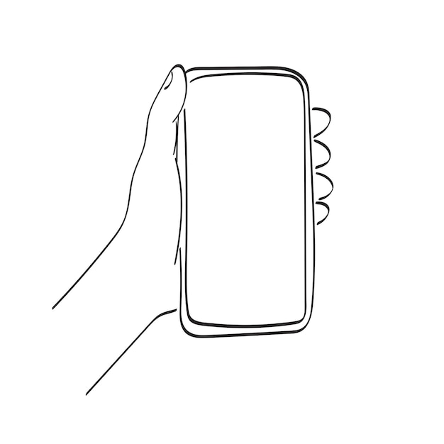 Vector line art closeup hand holding smartphone with blank space illustration vector hand drawn