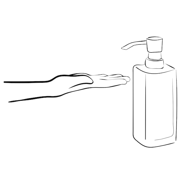 Line art closeup hand using alcohol wash gel for cleaning sanitize gel pump dispenser illustration