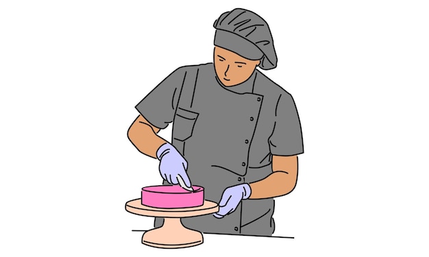 Line art color of chef baking and decorating cake