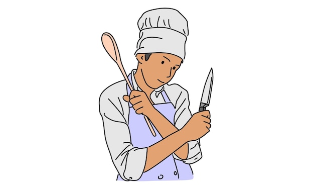 line art color of chef with kitchen appliances