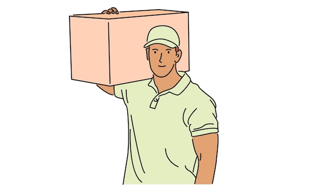 line art color of delivery man with carton box packages