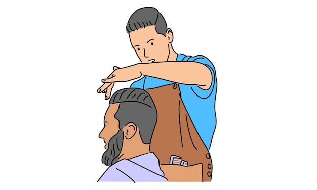 Vector line art color of hairstylist serving client at barbershop vector illustration