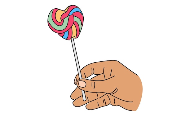 Vector line art color of hand holding heart shape lollipop