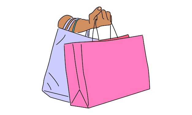 Vector line art color of hand holding shopping bags