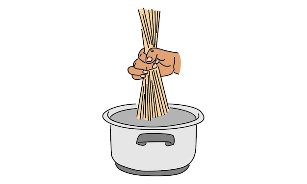 Vector line art color of hand putting spaghetti into saucepan