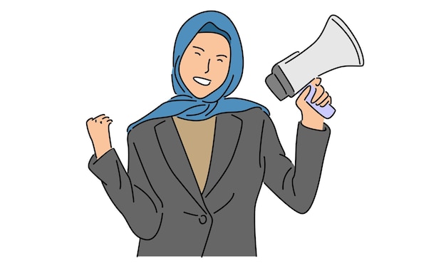 line art color of hijab woman holding megaphone