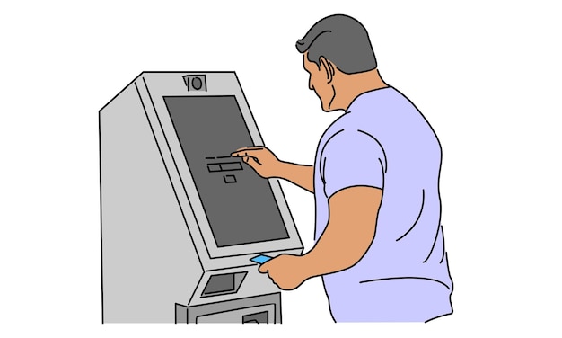 ATM 벡터 그림에서 돈을 가져가는 사람의 라인 아트 색상