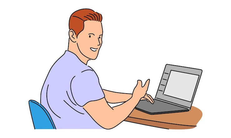Vector line art color of man with laptop computer