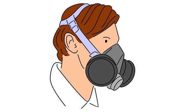 呼吸器のマスクを着用した男性のラインアートのカラー ベクトルイラスト