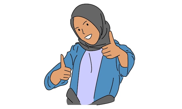 Вектор Линейный цвет женщины, одетой в хиджаб, показывающий палец вверх