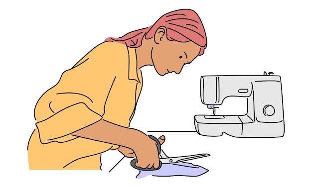ベクトル 縫製機を使う女性のラインアートの色