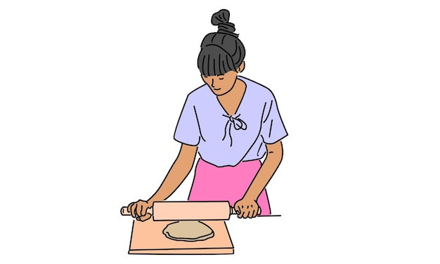 Line art color of woman rolling dough with rolling pin