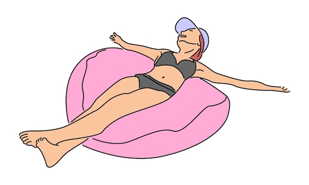 Arte linea colore della donna nuoto uso anello galleggiante illustrazione vettoriale