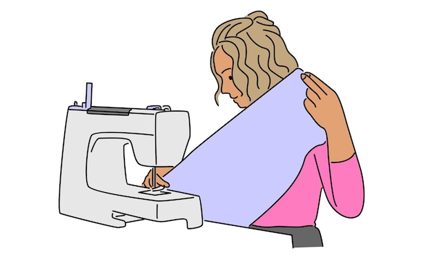 Line art color of woman using sewing machine