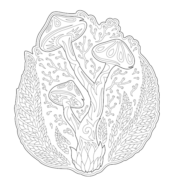 Штриховой рисунок для раскраски со старинными грибами