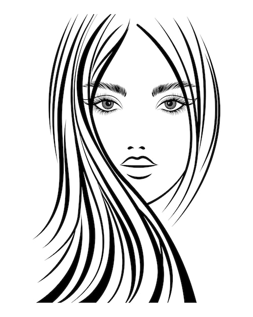 ライン アート、長い髪の美しい女性の等高線図。美容のロゴ。ファッションと美容のコンセプト