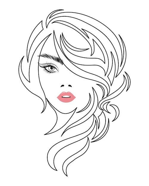 Line art, disegno di contorno di una bella donna con i capelli lunghi. marchio di bellezza. moda e bellezza