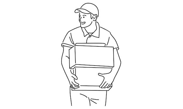 line art of delivery man standing with carton box packages