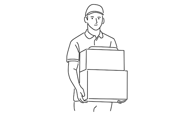 line art of delivery man standing with carton box packages