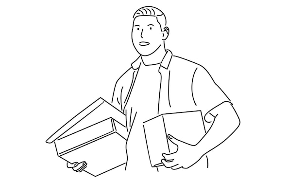 Line art of delivery man standing with parcel post vector illustration