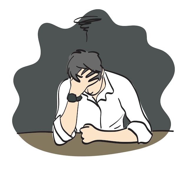 Premium Vector | Line art depressed businessman holding head in hand ...