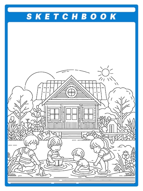 Line art design of children playing in the water in front of the house