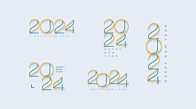 Line art design happy new year 2024 set collection With a simple line concept with two very contrasting colors