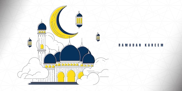 Line art design of Mosque moon and lantern for ramadan template design