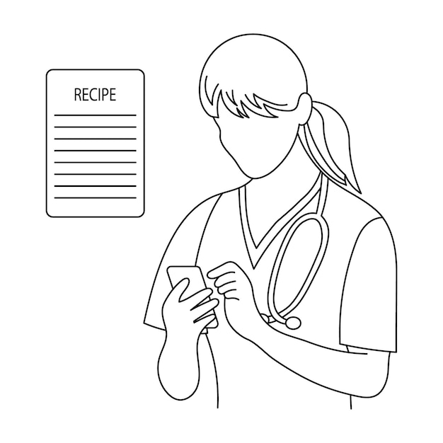 Line art, il dottore scrive una prescrizione medica online. concetto di assistenza sanitaria medica. manifesto, striscione