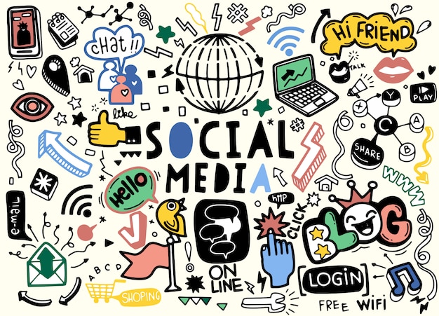 Штриховой рисунок doodle мультфильм набор объектов и символов на тему социальных медиа