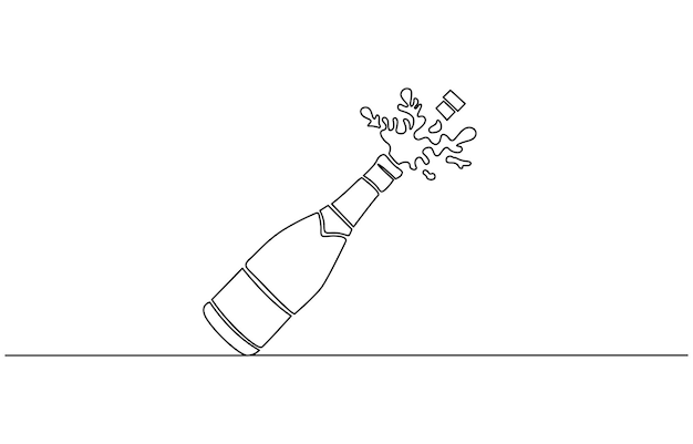 line art drawing of champagne bottle with shooting cork