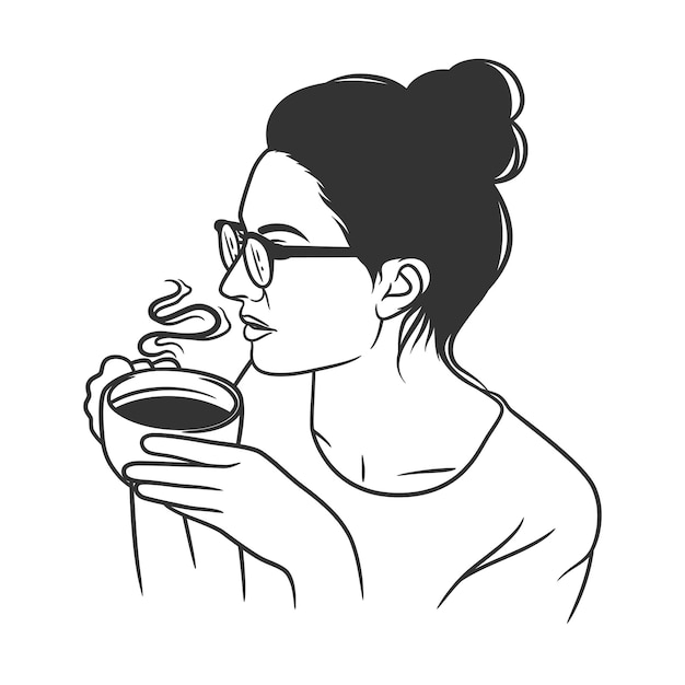 Disegno al tratto di donne che bevono caffè o tè. donna che si rilassa con una tazza di caffè o tè