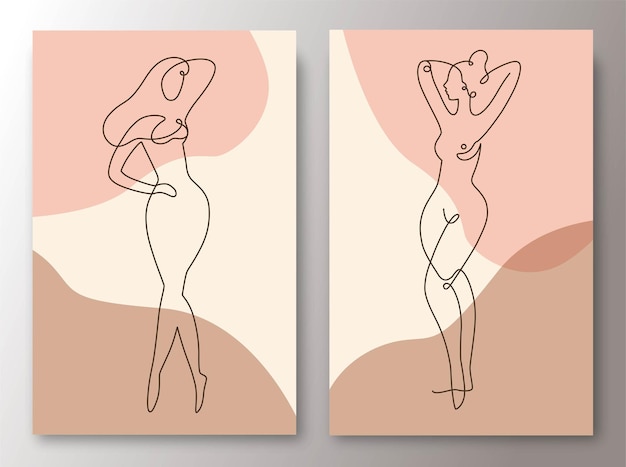 線画。女性の体。エレガントなヌードフィギュア、アートポスター。裸の女性のスタイリッシュなスケッチのセット
