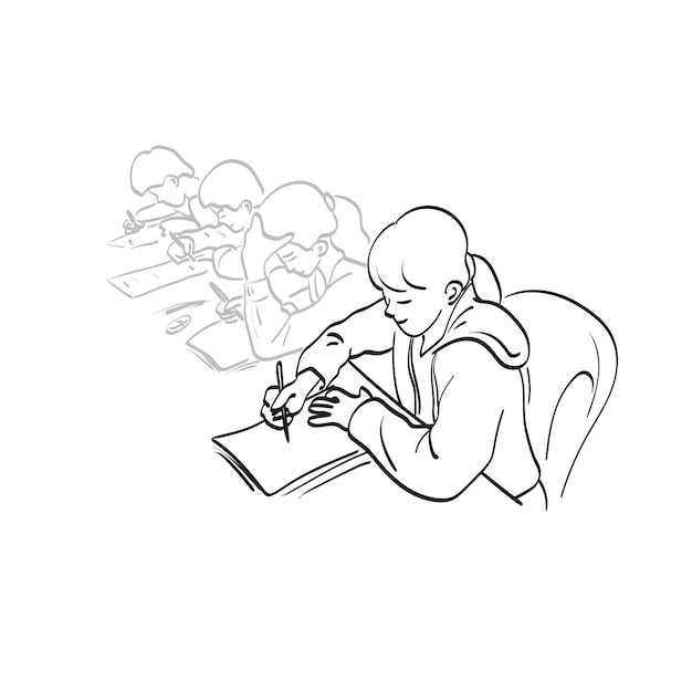 line art female student writing on paper in classroom illustration vector hand drawn